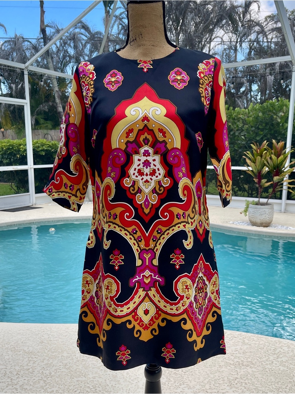 See By Chloé Navy Mini Dress with Fuchsia, Red and Gold Print